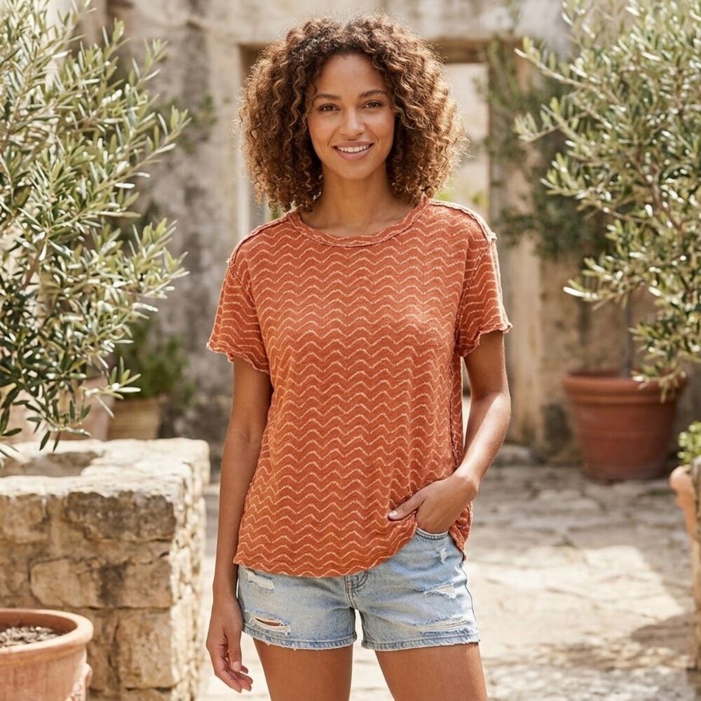 Free People We the Free Bali Backpacker Rust Orange Tee Chevron Flax Linen Med